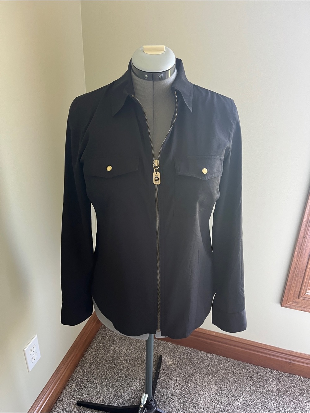 Michael Kors Black Utility Zip shirt with Gold Hardware